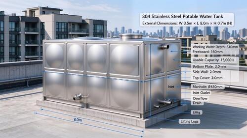 son şirket davası hakkında 15,000L 304 Stainless Steel Potable Water Tank for Commercial Apartment Rooftop Water Supply