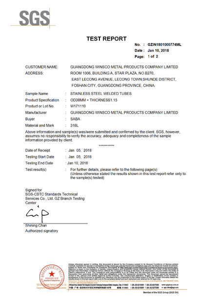 Çin (GuangDong)Foshan Winsco Metal Products Co., Ltd. Sertifikalar