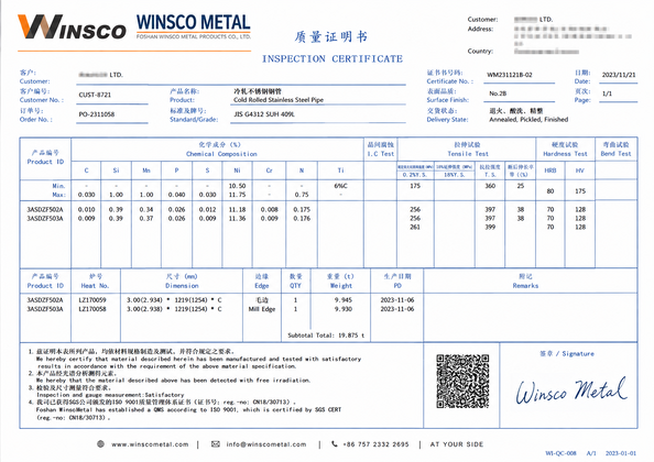 Çin (GuangDong)Foshan Winsco Metal Products Co., Ltd. Sertifikalar