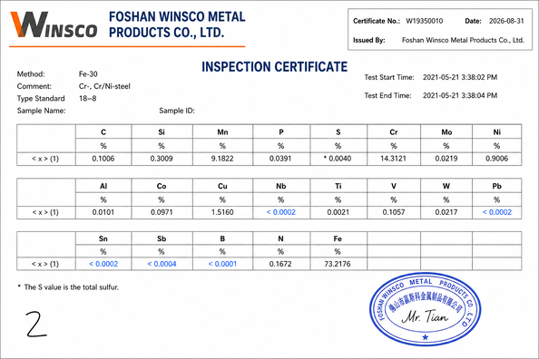 Çin (GuangDong)Foshan Winsco Metal Products Co., Ltd. Sertifikalar