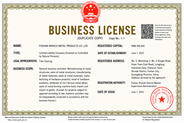 Çin (GuangDong)Foshan Winsco Metal Products Co., Ltd. Sertifikalar